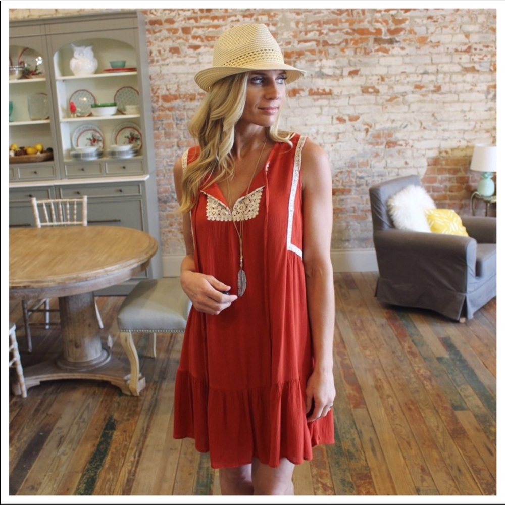 Rust lace detail sleeveless dress